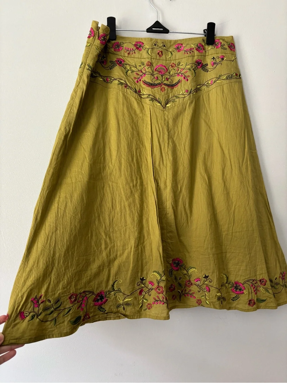 Y2K Fairycore Green Floral Pink Embroidered Cottagecore Midi Boho Skirt - Medium